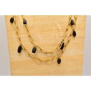 Barbara Boz Necklace Brushed Gold Chain Wood Beaded Chunky Linked Signed BinI